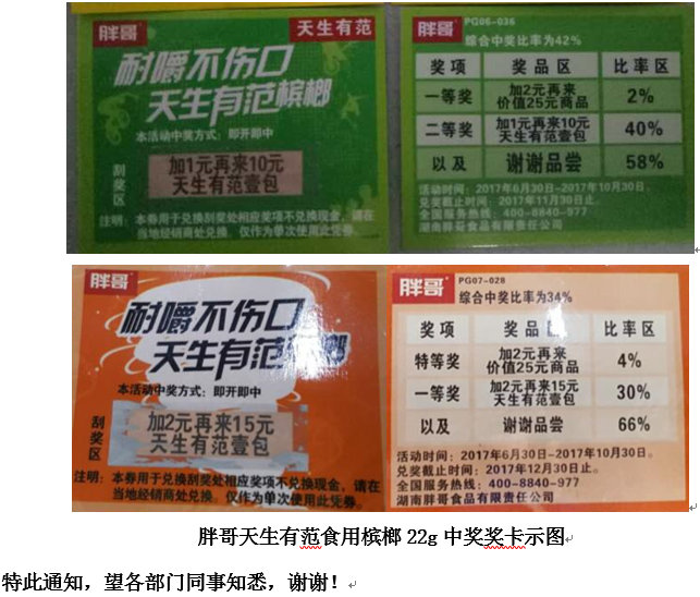 关于胖哥系列槟榔兑奖通知20171102
